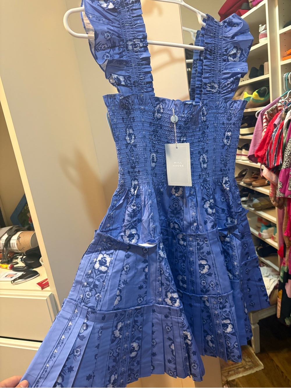 Hill House Blue Floral Smocked Ruffle-Strap Dress
